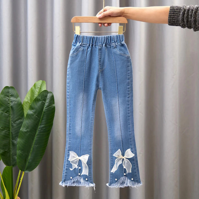 Girls Star Embroidered Jeans Pants with Pearl Slim-Fit
