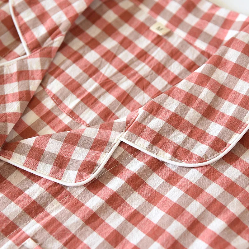 Spring and Autumn Unisex Pajama Set 100% Cotton Men's and Women's Plaid Long Sleeved Two Piece