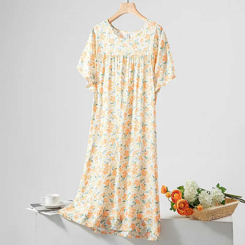 Summer Women Nightgown Short Sleeve Round Neck
