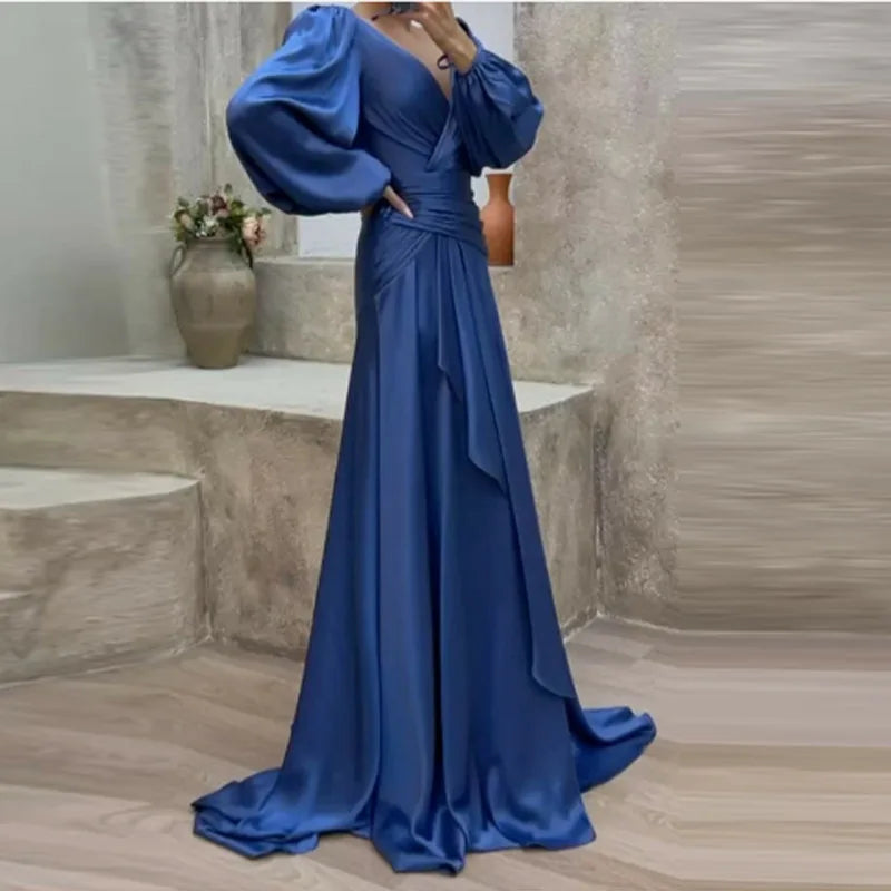 Elegant A-Line Wedding Guest Dress Long Sleeve Satin V Neck Silhouette Ruffles Brush Train Evening Dress