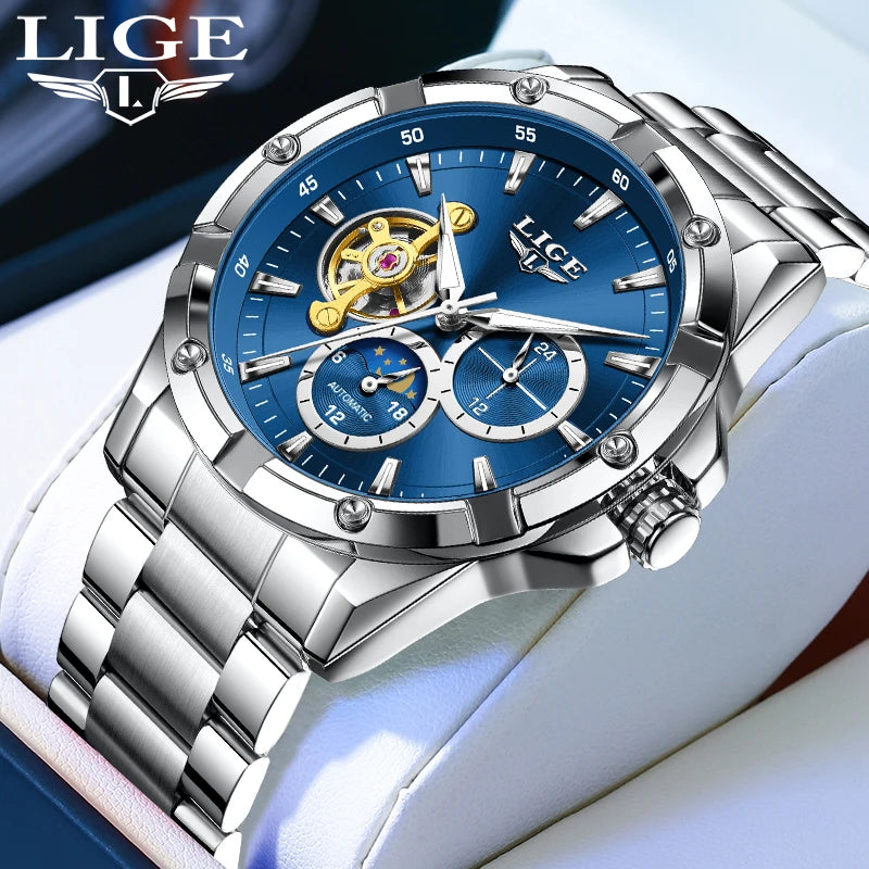 Luxury 24-Hours Moon Phase Automatic Movement Stainless Steel Band Men's Watches