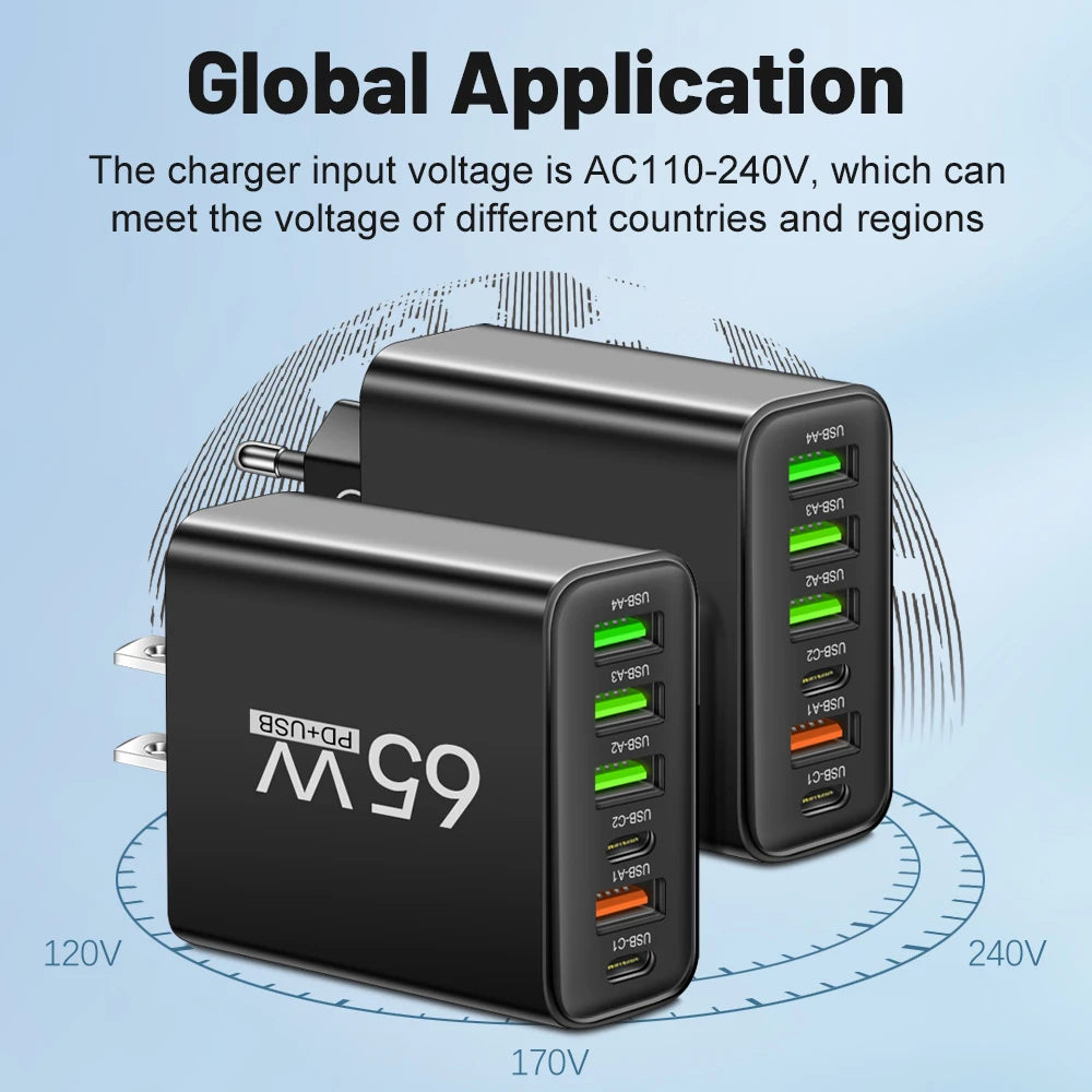 65W 6 in 1 4 USB 2 Type C Quick Charging Fast Wall Charger For iPhone Samsung Xiaomi Huawei Oppo Mobile Phone Adapter