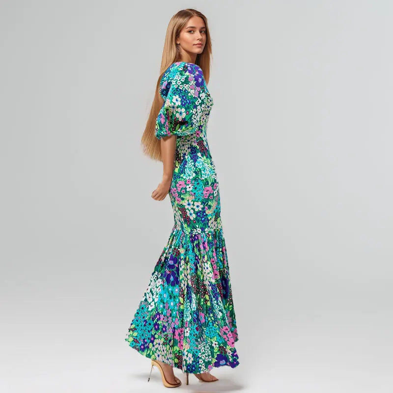 Elegant Blue Flower Print Lantern Sleeve Ankle Summer Fishtail Dress