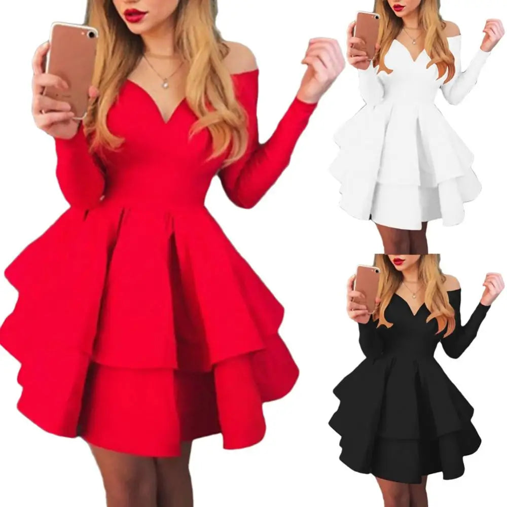 Elegant Women Long Sleeve V Neck Off Shoulder Swing Ruffled Hem Mini Dress