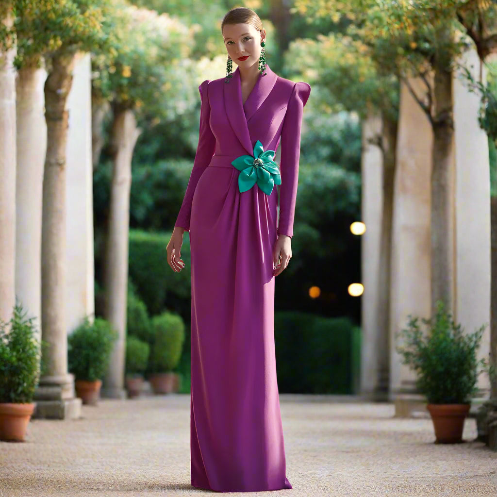 Formal Evening Dress Long Sleeves V Neck Flower Belt Sash Mermaid Dress