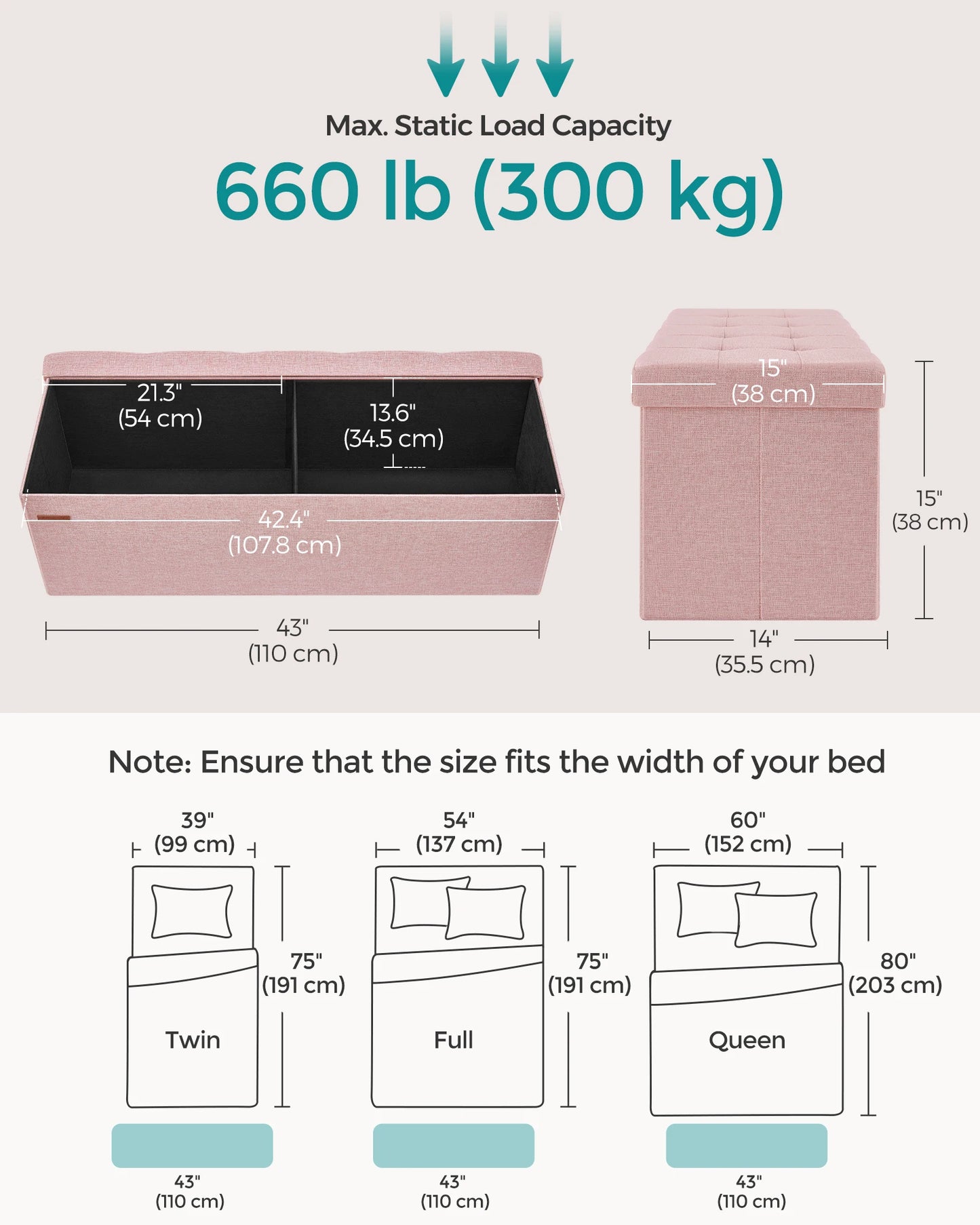 Mazie Collection - 43 Inches Folding Storage Ottoman Bench, Ottoman Foot Rest, End of Bed Bench, Storage Chest