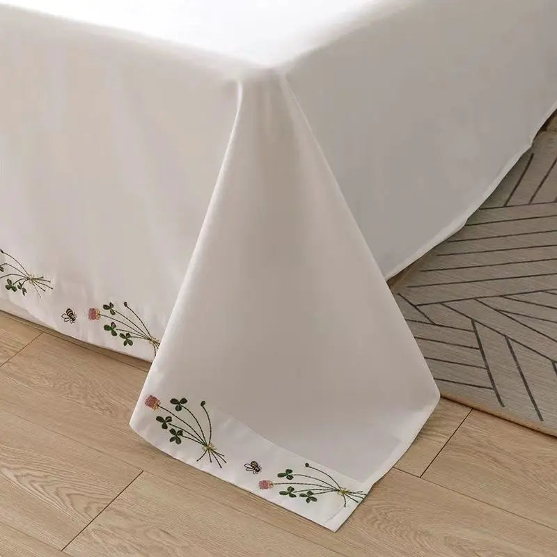 Pure White Embroidery Floral Flat Sheets 100% Cotton