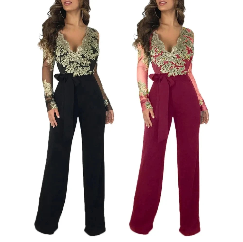 Sophisticated Lace Wide Leg Women Overalls Jumpsuit Romper V-neck