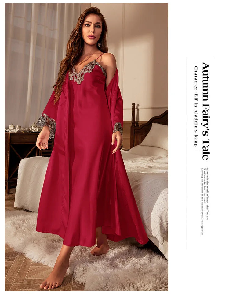 Women Silk Nightgown Set Spring Summer Kimono Bathrobe