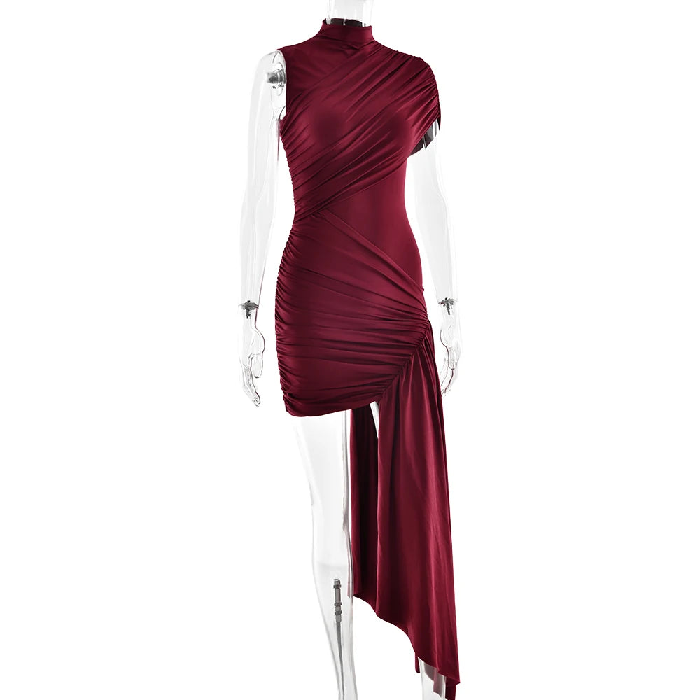 Irregular Round Neck Ruched Ribbon Women Dress