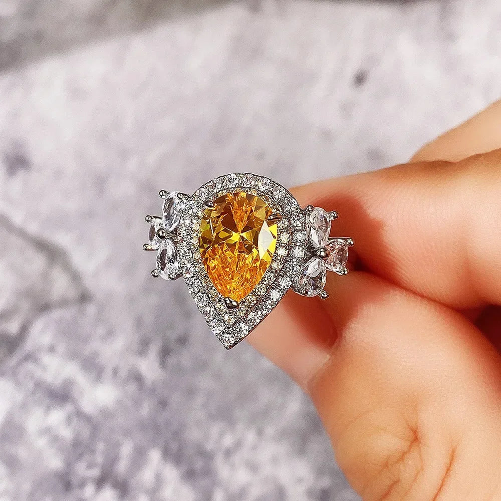 Fashion Luxury Ring Water Drop Pearl Shape Yellow color Zircon