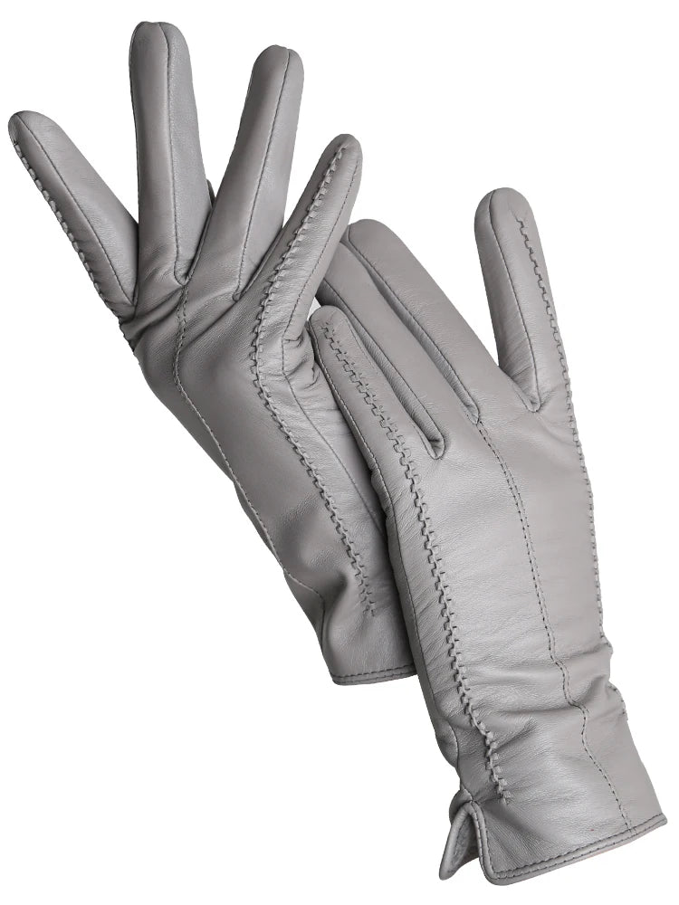 Women's Leather winter warm gloves with velvet thin touch screen