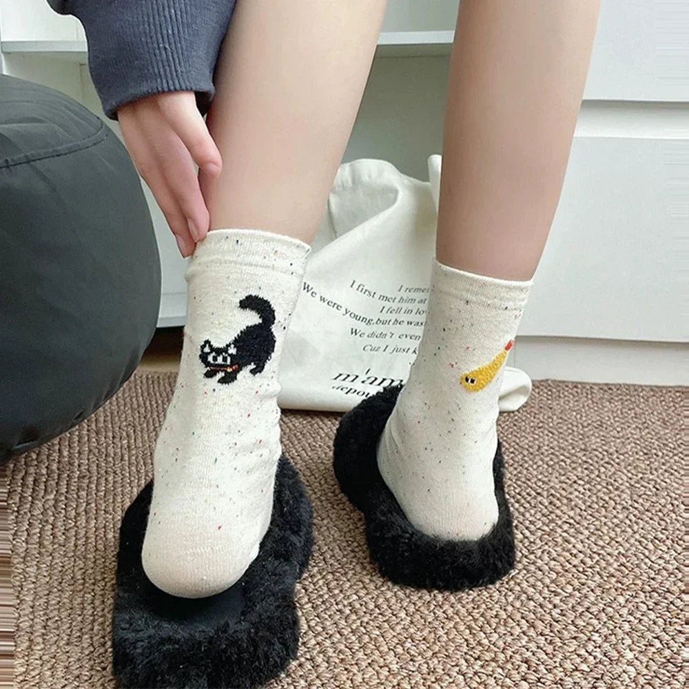 1/2pairs Cartoon Cat Fish Pattern Middle Tube Socks Soft Thermal Warm Crew Sock
