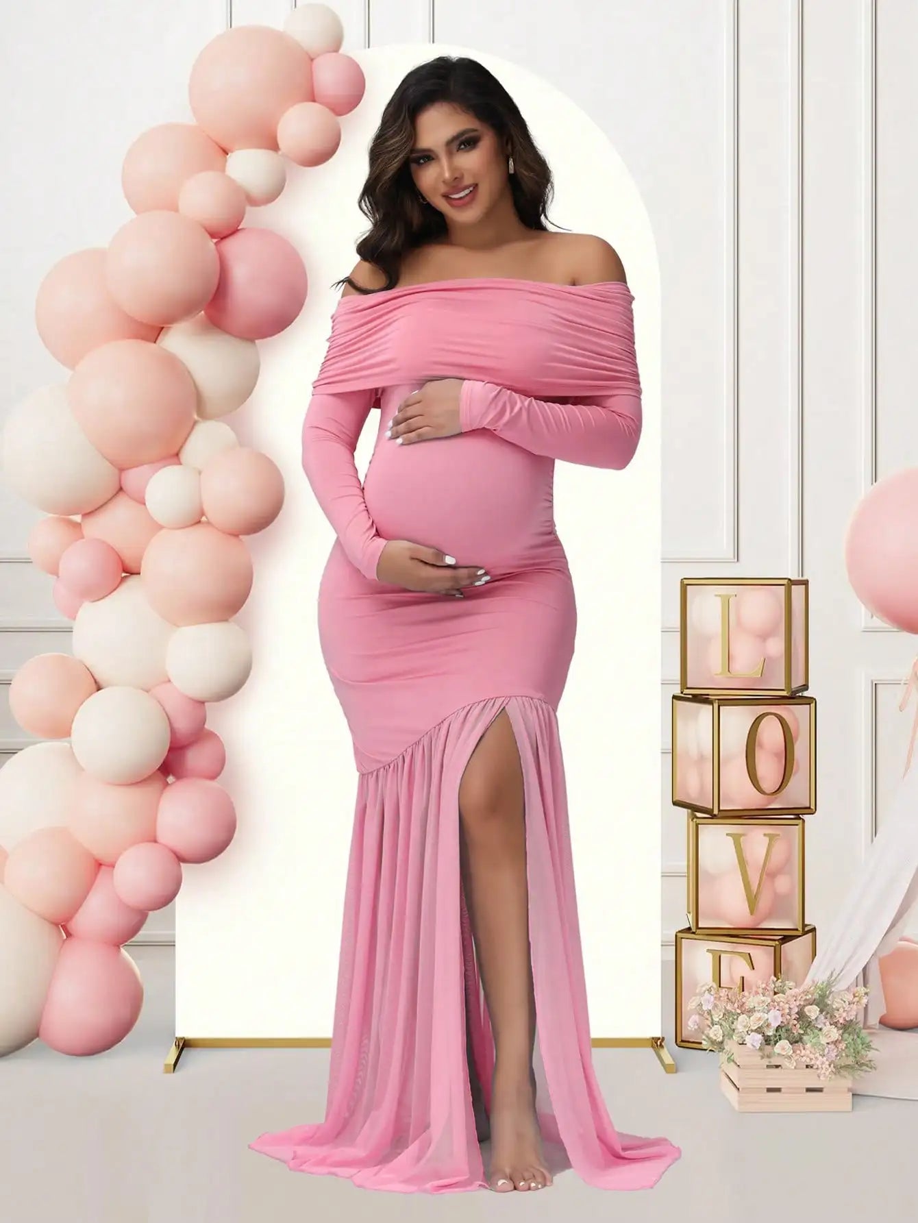 Elegant Maternity Gown Photoshoot Party Dress Off-Shoulder Slits Fishtail Hem