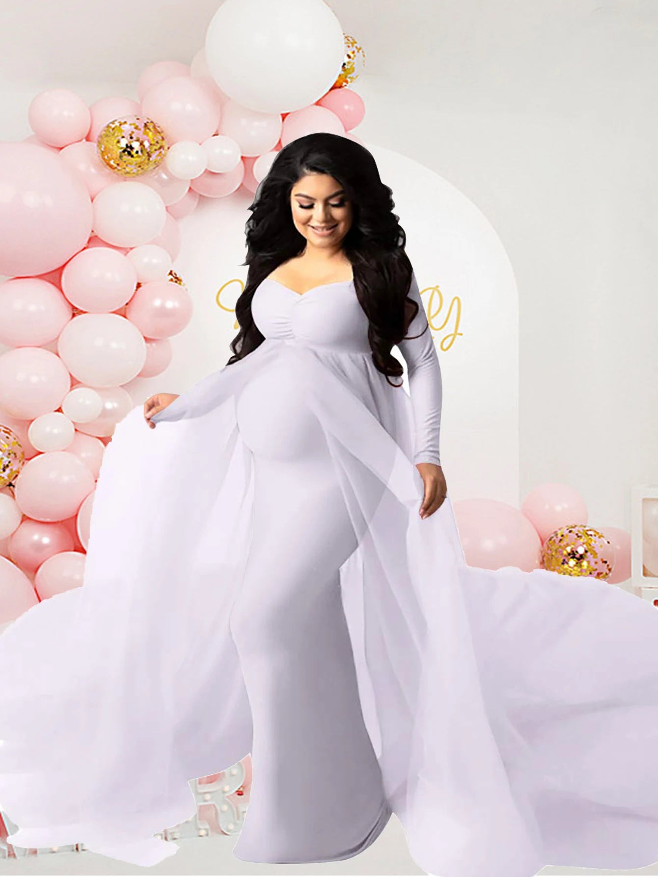 Maternity Long Sleeved Floor Length Mesh Dress