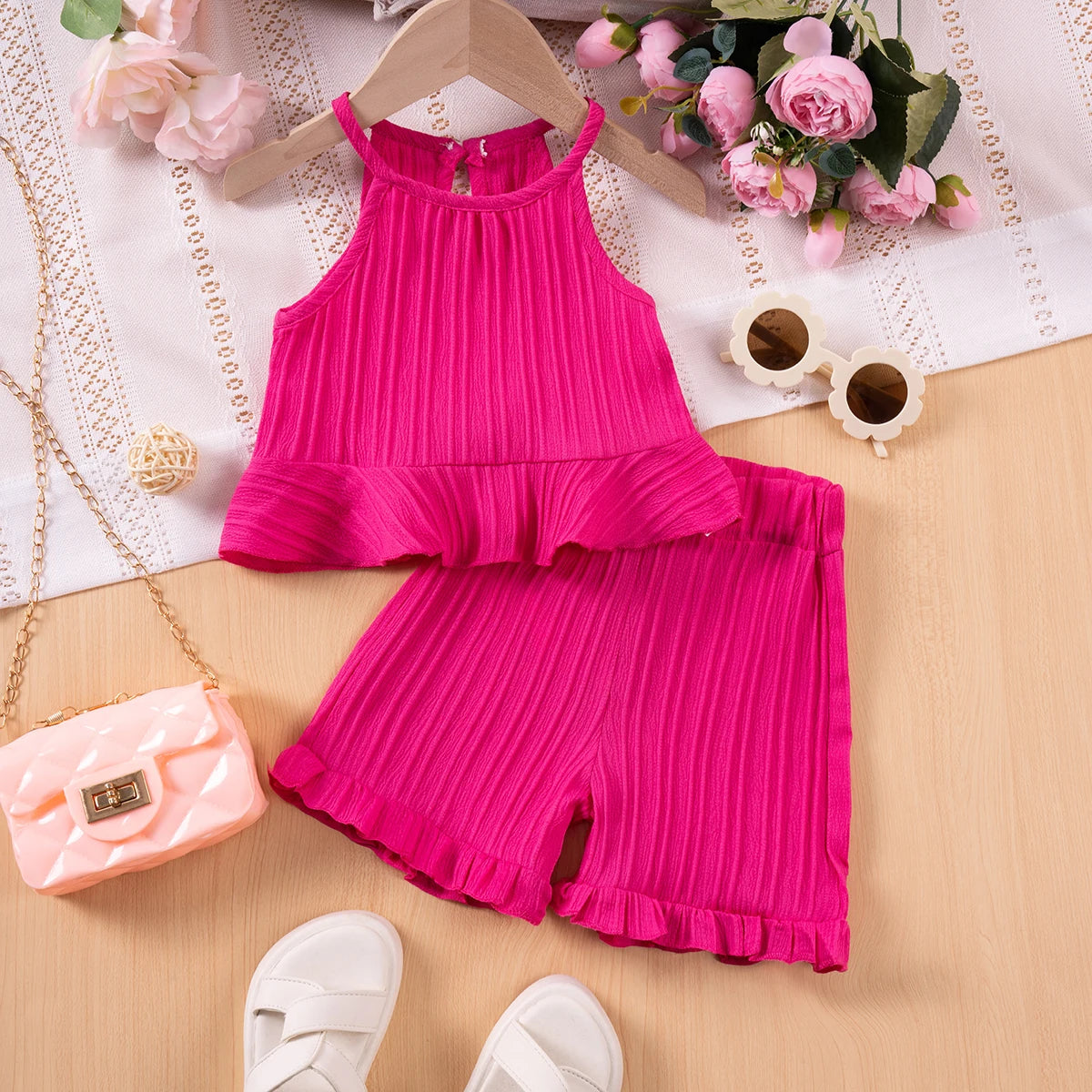 Summer Fashion Sleeveless Ruffle Tank Top & Shorts Solid Two-Piece Outfit Toddler Girl Set