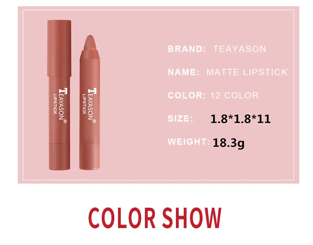 12 Colors Velvet Matte Lipstick Pen Waterproof Lasting Nude Crayon