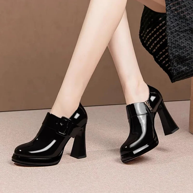 New Black Round Head Thick High Heel Women Pump Shoes
