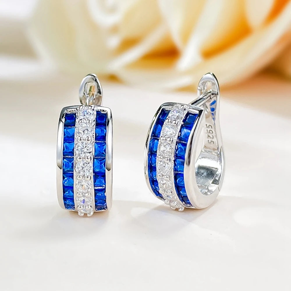 Sapphire Ruby High Carbon Diamond Gems Hoop Earrings for Women 100% 925 Sterling Silver Fine Jewelry