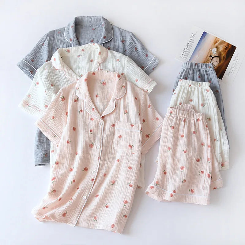 Summer pajamas short-sleeved shorts two-piece cotton crepe