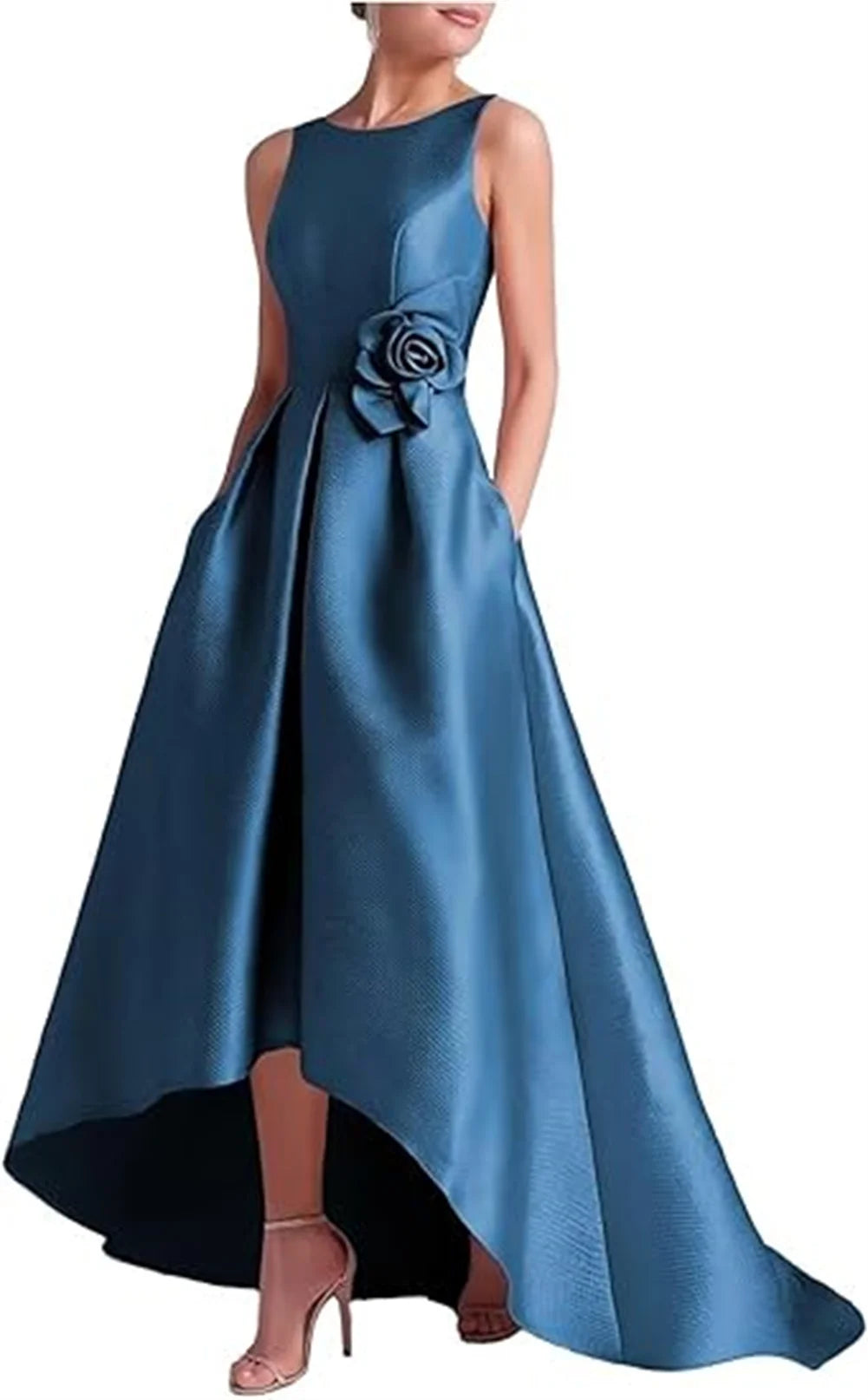 Customized High Low Satin Dresses Wedding Guest Mother of the Bride With Pocket Sleeveless Party Evening Gown