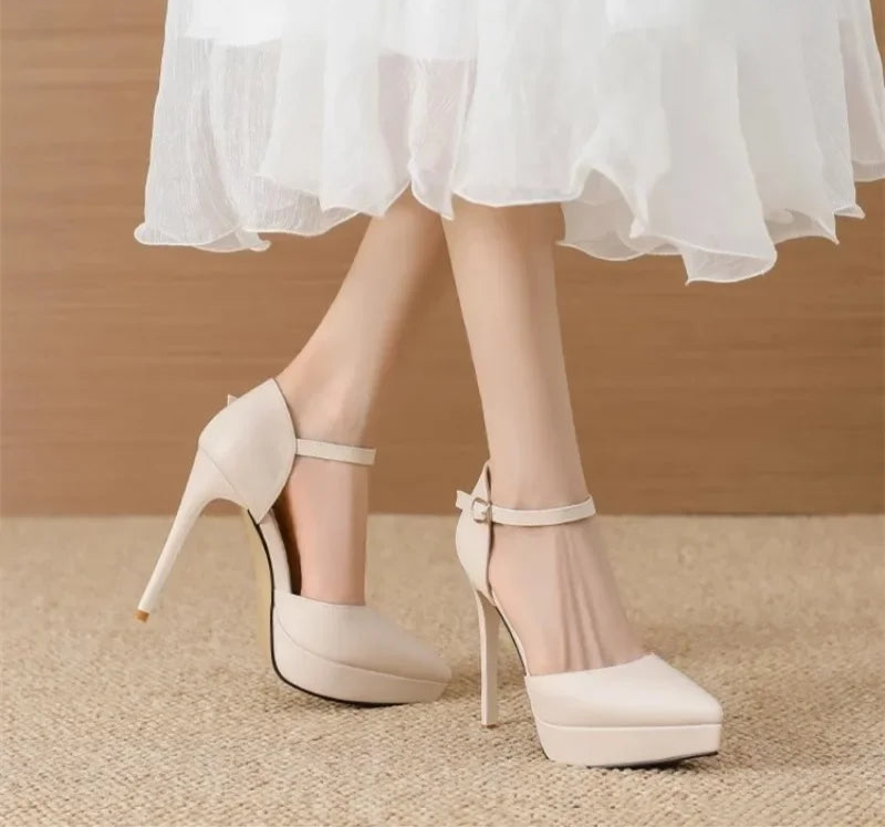 Ankle Straps Women's Sandals 12Cm Pointed Toe Platform Pumps Matte Leather Heels Size 33 42