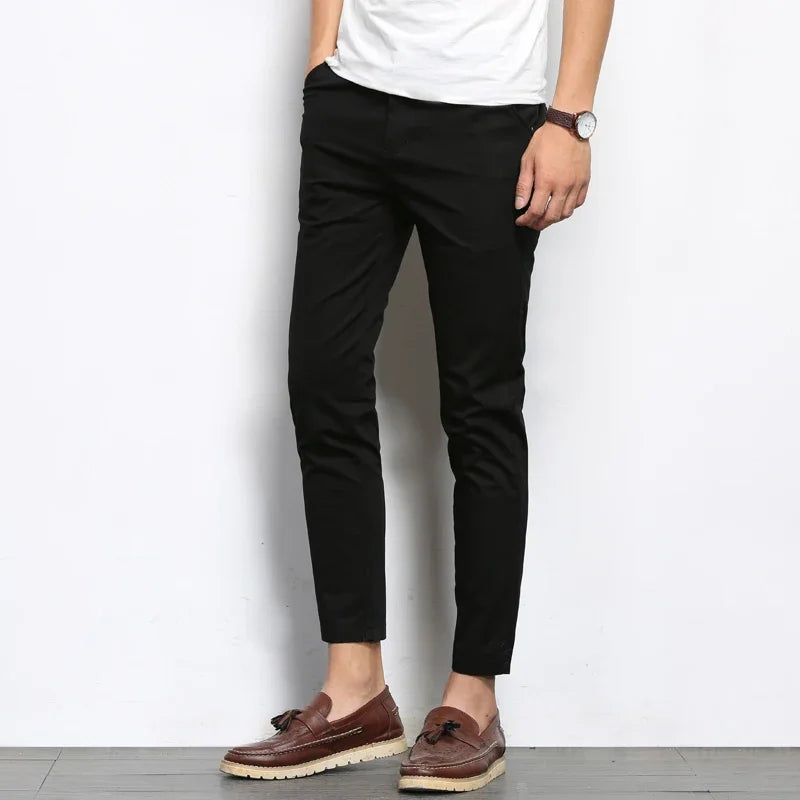 Summer Men's Fashions Solid Color Casual Pants Straight Elastic Ankle-Length