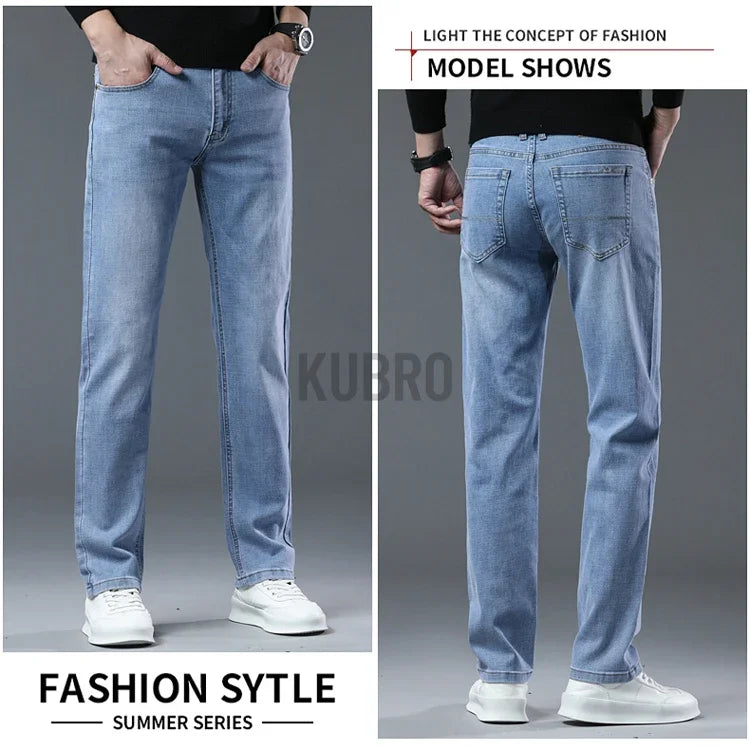 Spring Fashion Men's Light Blue Slim Jeans Stylish Business Casual Stretch Fabric Denim Pants Classic All Match Trousers