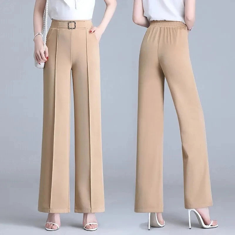 Women High Elastic Waist Silk Wide Leg Pant