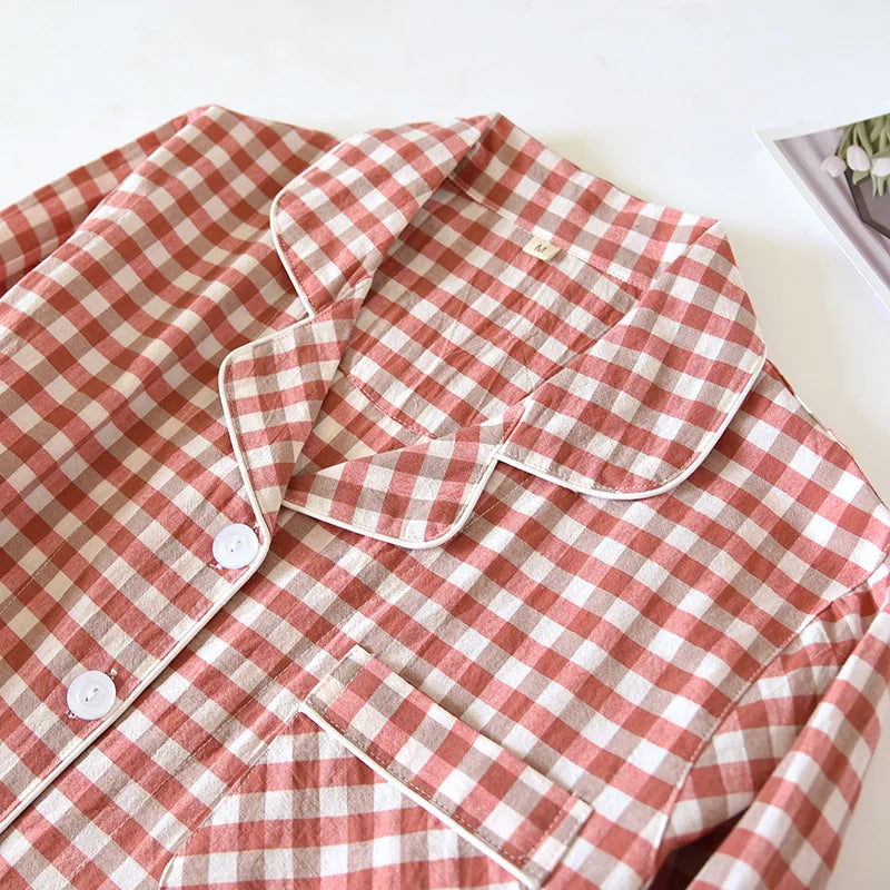 Spring and Autumn Unisex Pajama Set 100% Cotton Men's and Women's Plaid Long Sleeved Two Piece