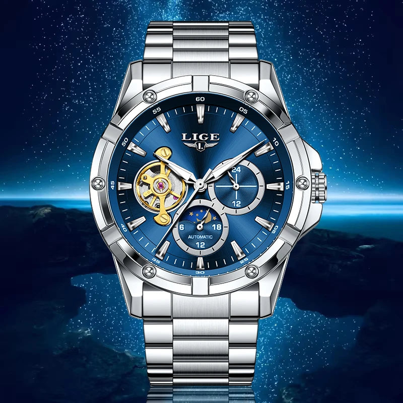 Luxury 24-Hours Moon Phase Automatic Movement Stainless Steel Band Men's Watches