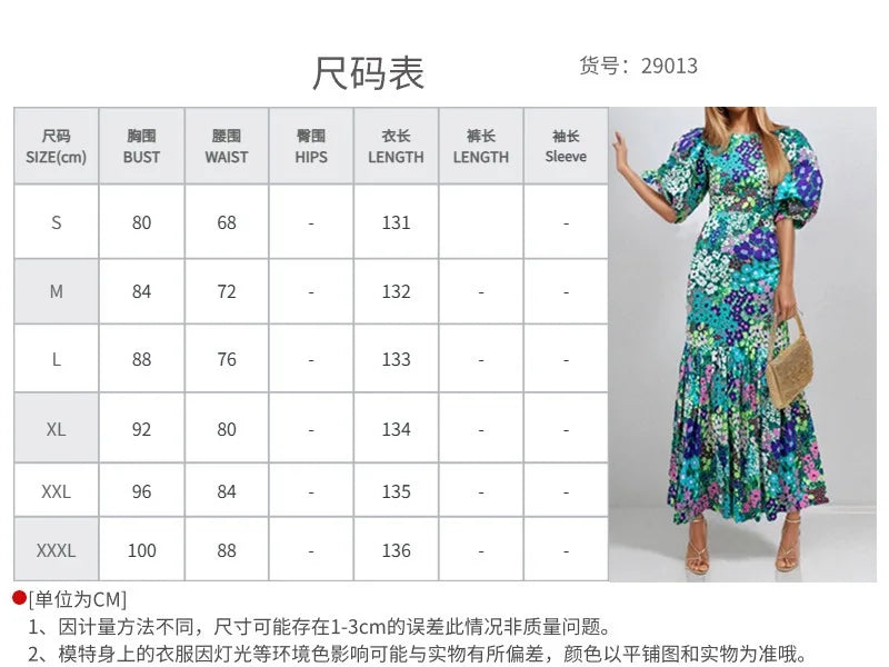 Elegant Blue Flower Print Lantern Sleeve Ankle Summer Fishtail Dress