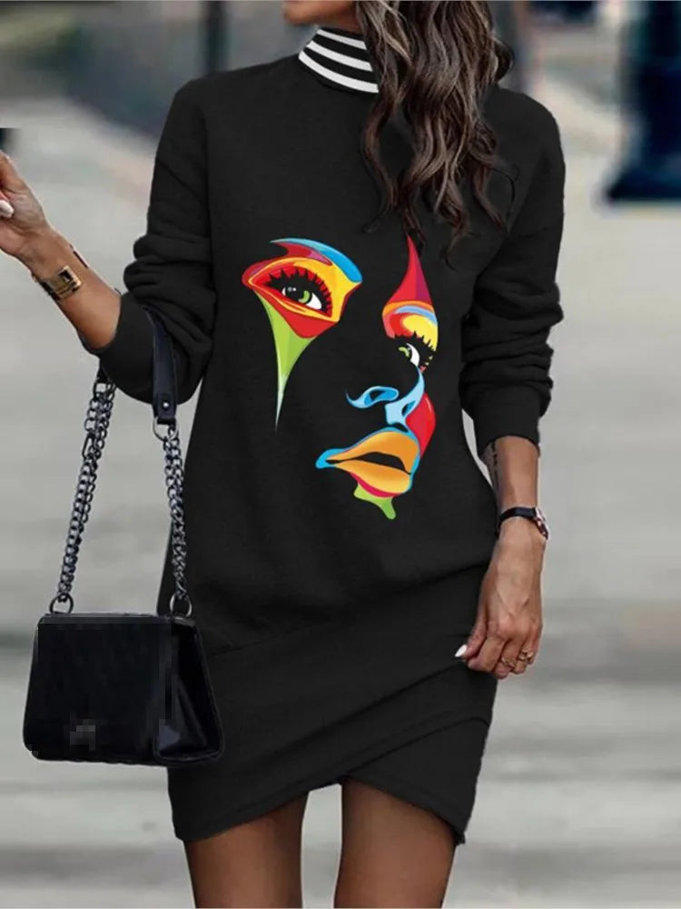 Women's High Collar Casual Long Sleeved Short Dress