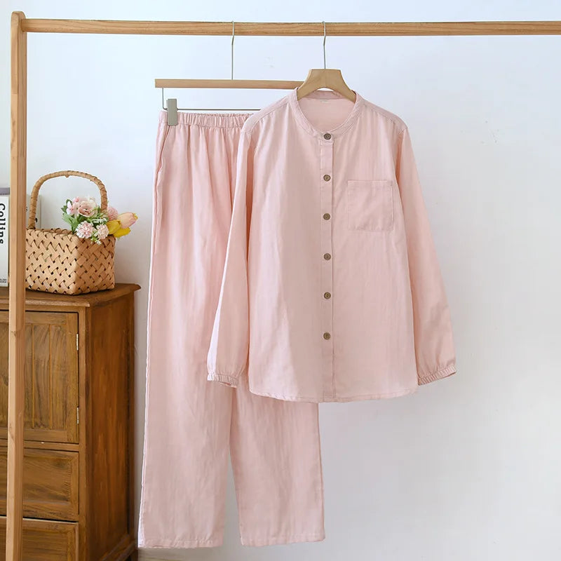 Spring/Summer Women Men Pajama Set 100% Cotton Long Sleeve Long & Pants Two Piece