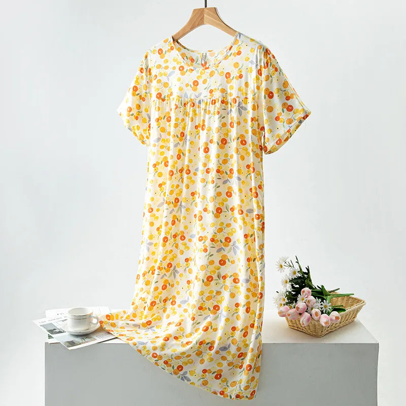 Summer Women Nightgown Short Sleeve Round Neck