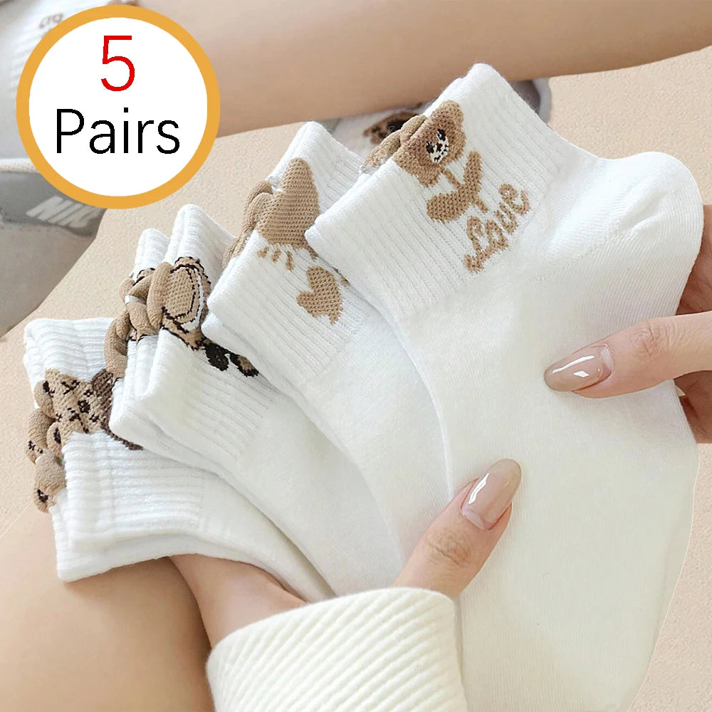 5/10/20 Pairs Women Cartoon Teddy Bear Ankle Socks