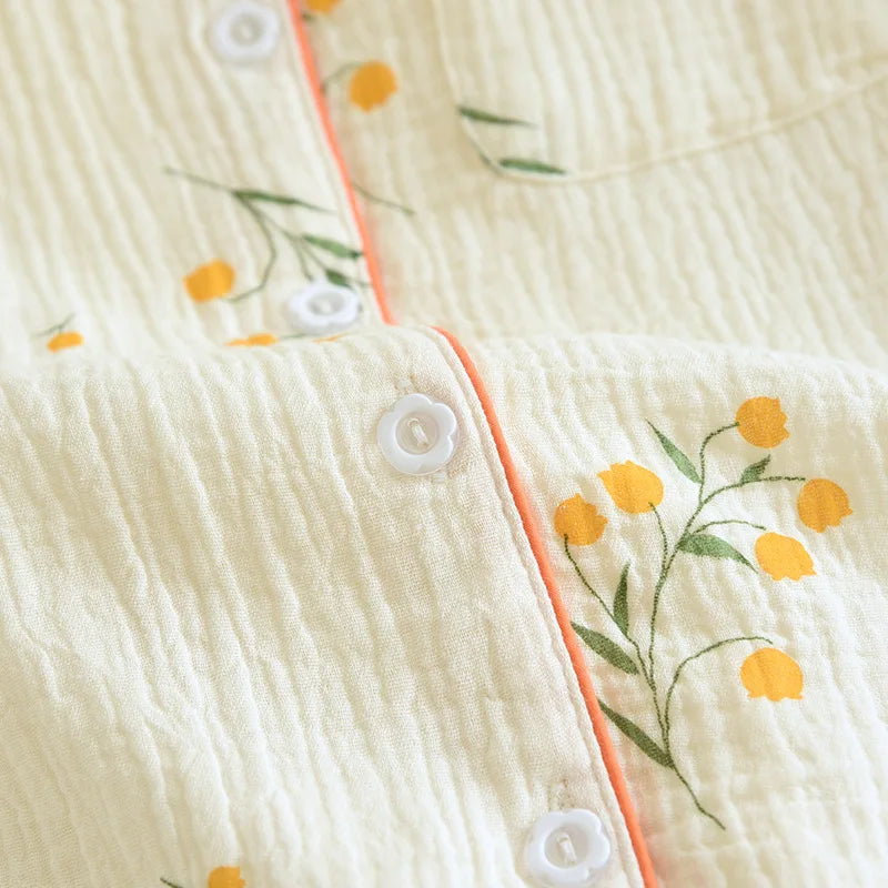 Summer women's cotton crepe three-piece short sleeve + shorts + trousers large size simple flower pajamas