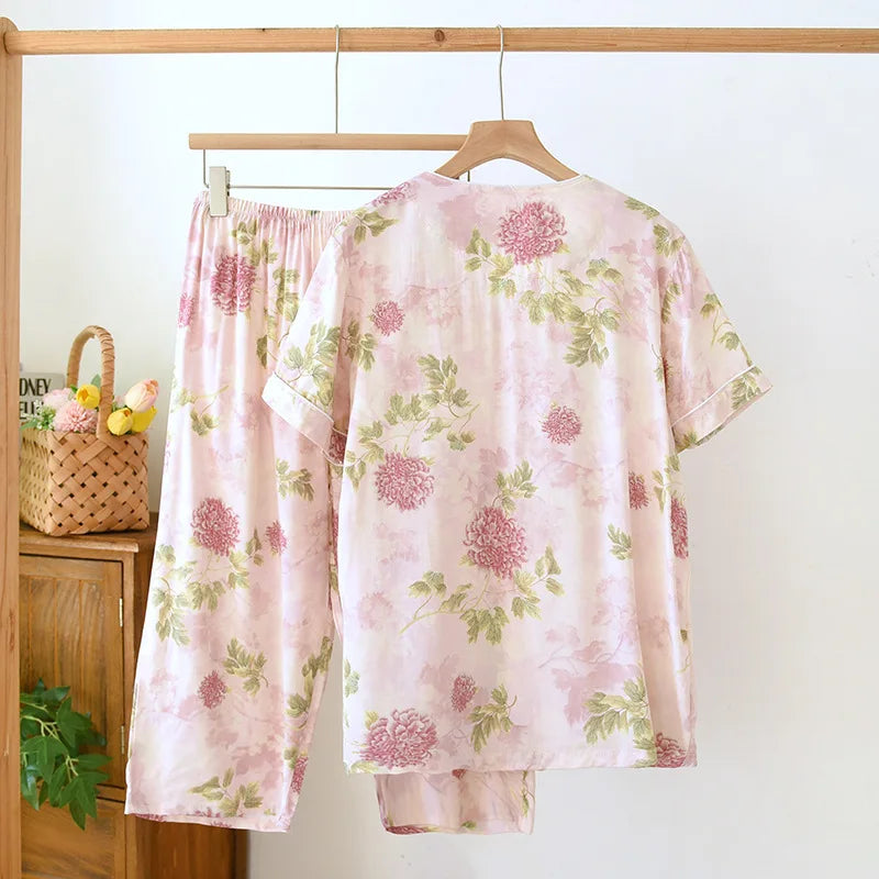 Thin Summer Floral Woman Pajama Sets Nightwear Top and Pants