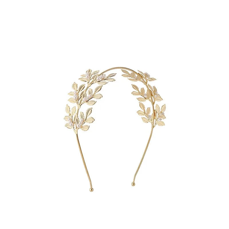 European and American new fashion personality golden leaf pearl headband bridal crown baroque party headgear