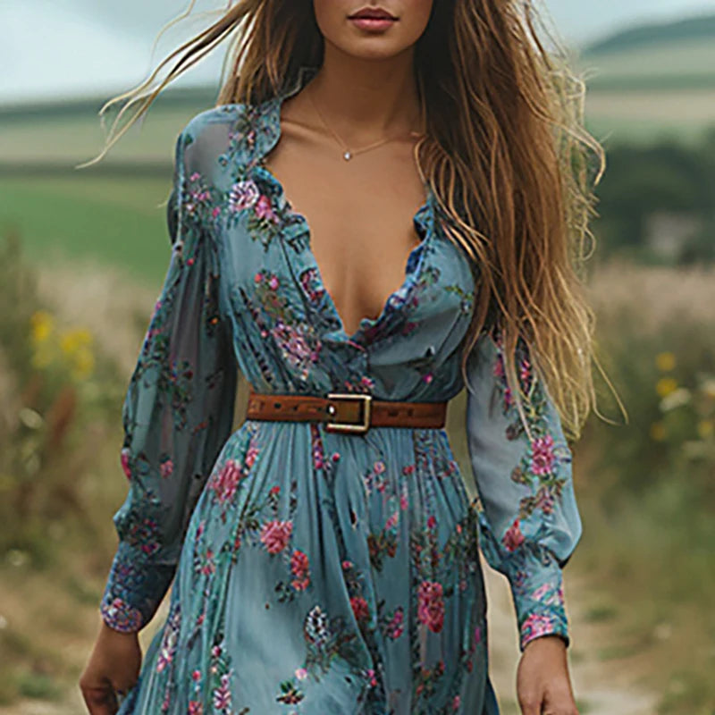 Spring Floral Maxi Print Dress for Women V Neck Elastic Waist
