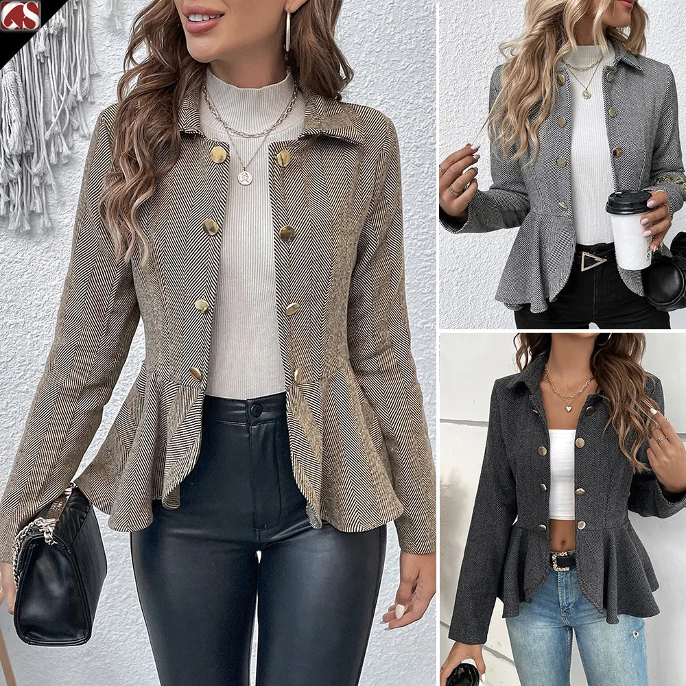 Women Ruffle Slim Blazer Jacket Long Sleeve Double Breasted
