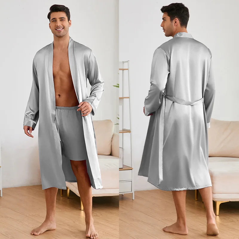Solid Color Sleep Wear Set Men Silky Nightwear Kimono