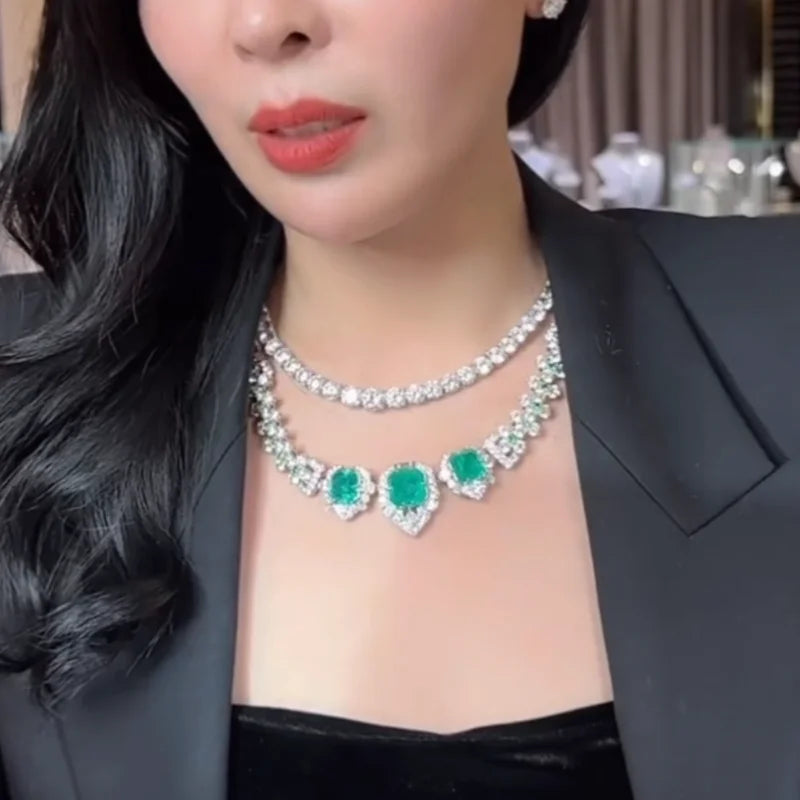 100% 925 Sterling Silver Created Emerald Lab Diamond Pendant Necklaces for Women Fine Jewelry