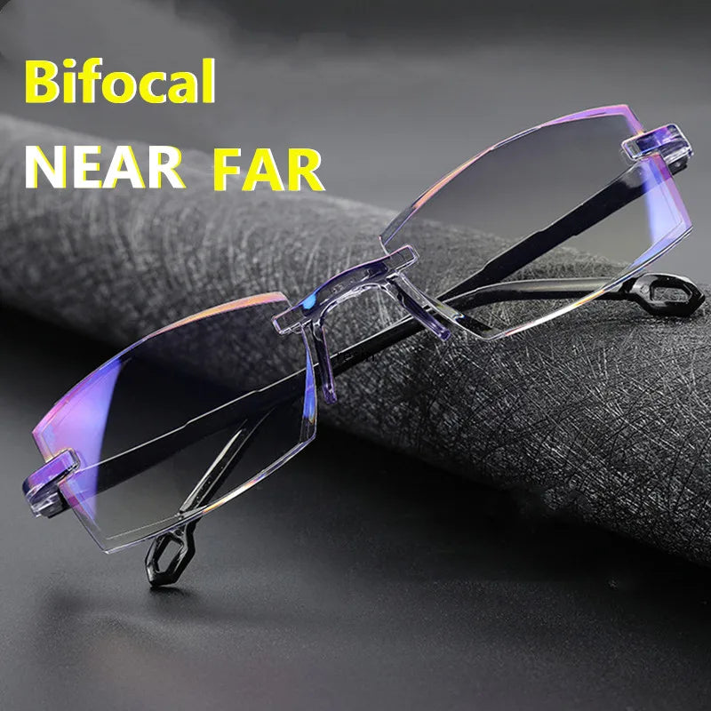 2 Pair Men Women Rimless Reading Glasses Anti Blue Light Bifocal Far Near Magnification Eyewear Presbyopic Glasses +150 +200
