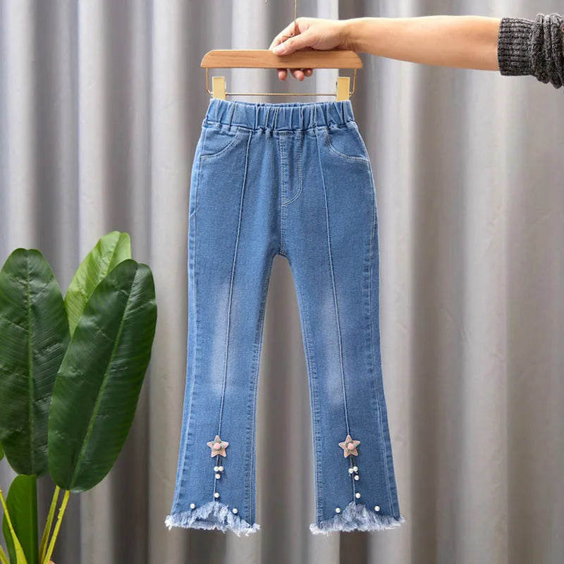 Girls Star Embroidered Jeans Pants with Pearl Slim-Fit