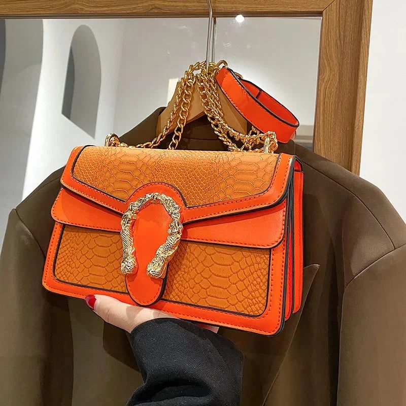 Gold Chain Crossbody Women's Fashion Bag Crocodile Pattern