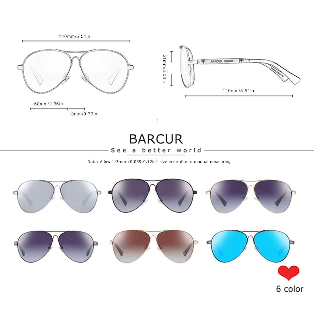 BARCUR Design Frame Sunglasses Polarized For Men Women Pilot Gradient Lens Eyewear Mirror Shades