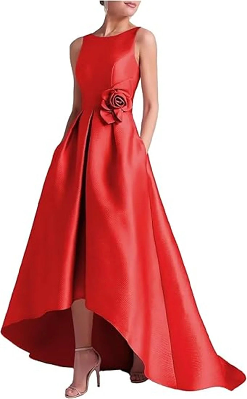 Customized High Low Satin Dresses Wedding Guest Mother of the Bride With Pocket Sleeveless Party Evening Gown
