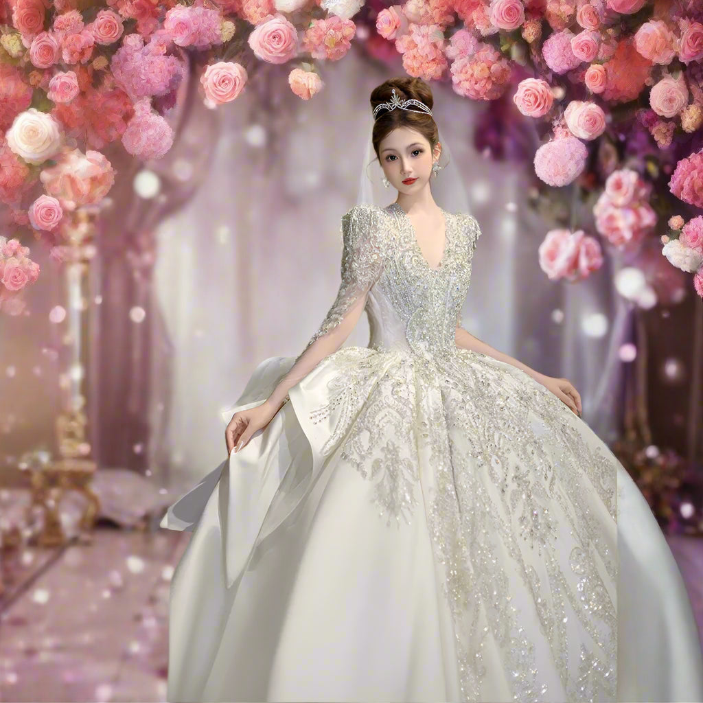 Luxury Classic Full sleeve Satin Wedding Dresses with Royal Train Customized