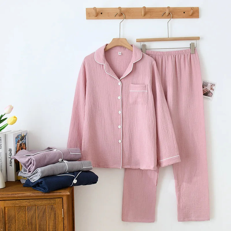 Spring and Autumn Couple Pajamas Set 100%Cotton Crepe Long Sleeve Pants Two Piece Men's and Women's Large Size